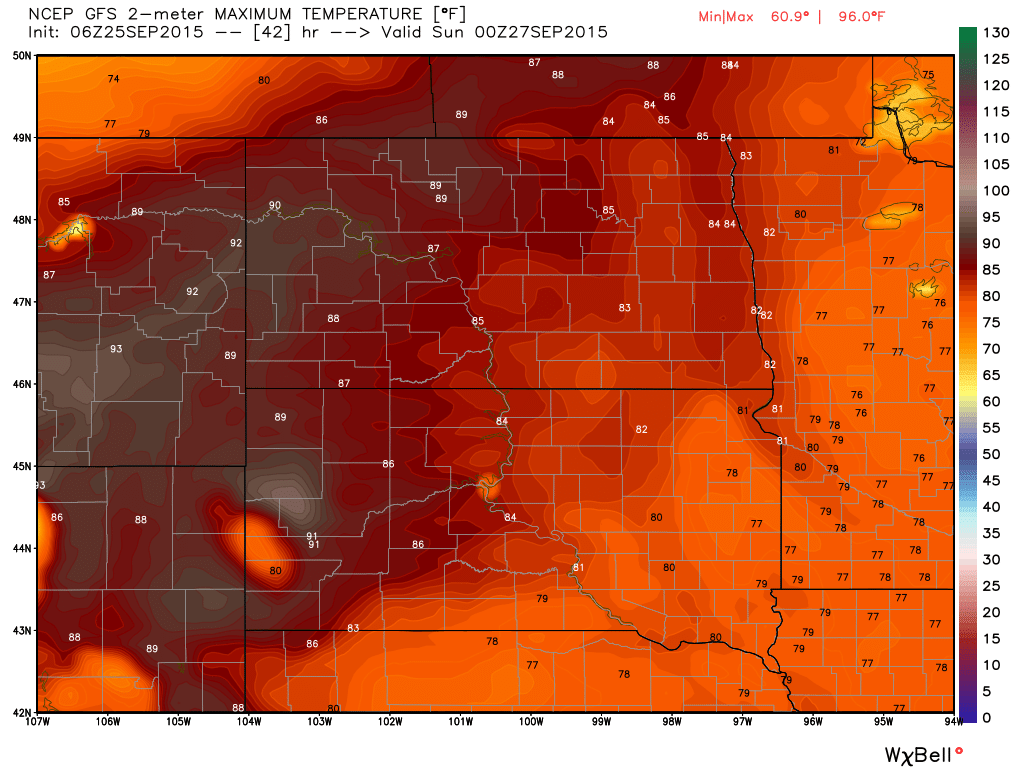 GFS projected Maximums for Saturday, September 26, 2015