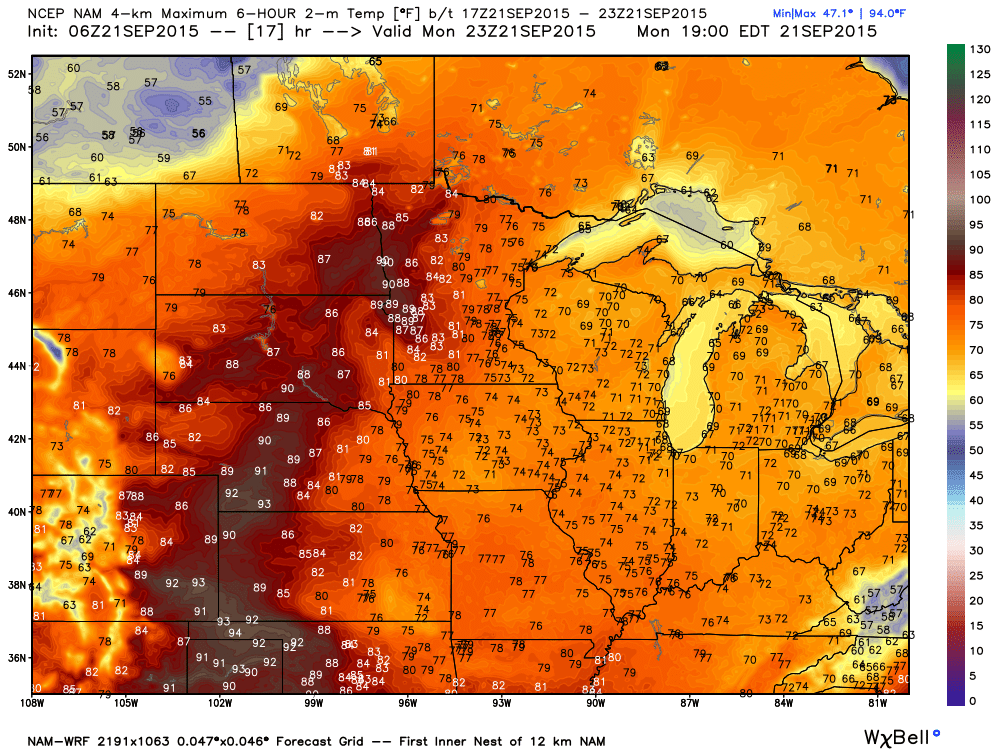 NAM-WRF Simulated Maximums for Monday September 21, 2015
