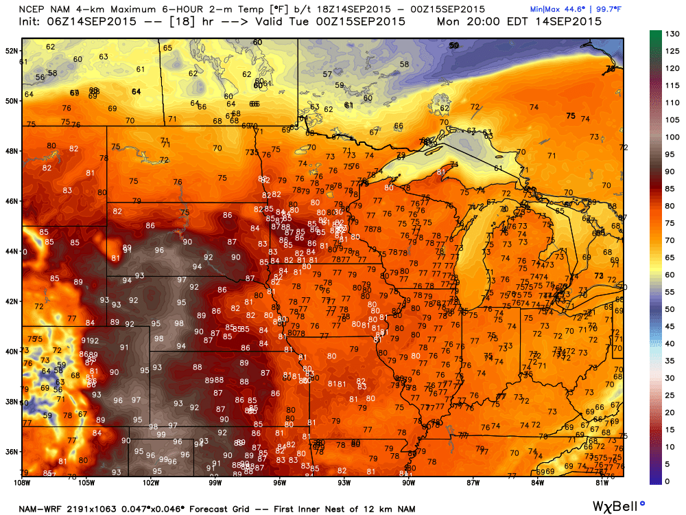 Monday, September 14, 2015 NAM-WRF Projected Maximums