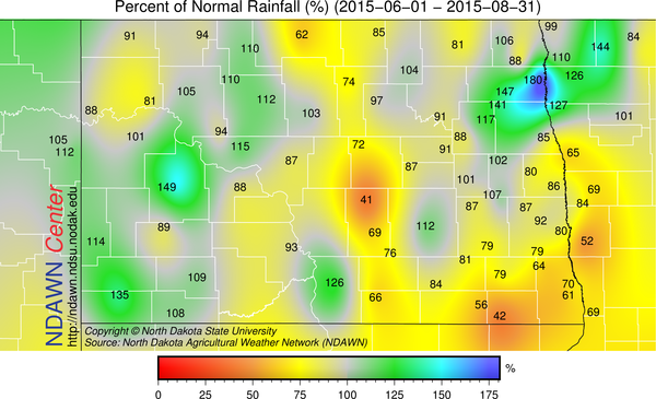 percent of average rainfall for  June 1 through August 31 2015