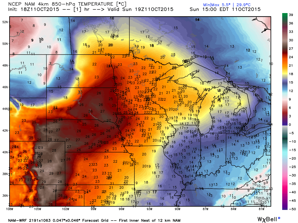850 mb temperatures at 19Z (2 PM) Sunday, October 11, 2015