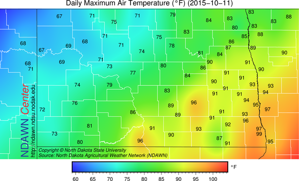 October 11, 2015 Maximum Temperatures at the NDAWN mesonet stations.