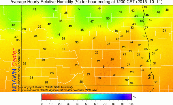 Relative Humidity hourly averages from 12:00 PM to 6:00 PM CST on Sunday, October 11, 2015