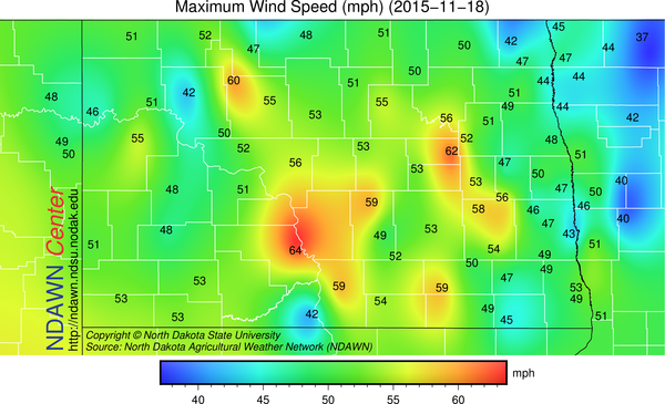 Peak Wind Gust on November 18, 2015 at NDAWN mesonet stations