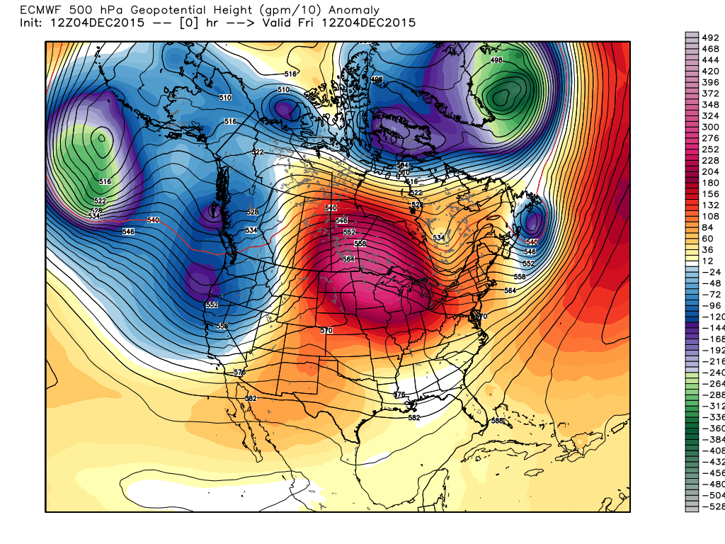 Friday 6:00 AM 500 mb flow and height anomalies from Average.