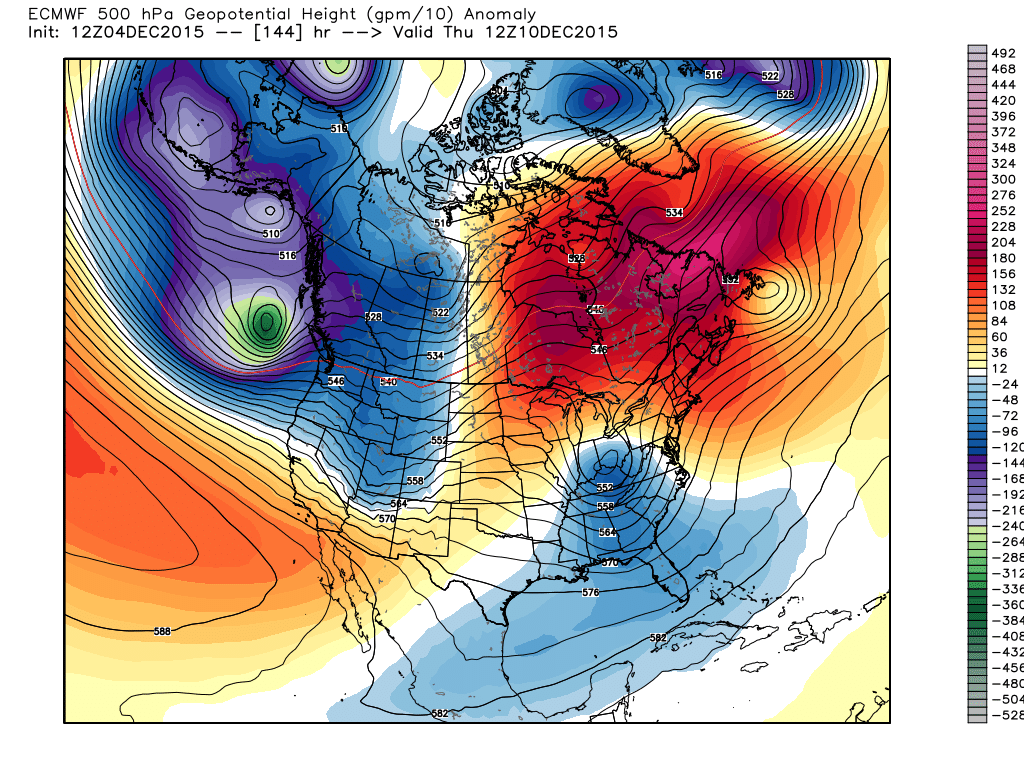 Thursday, December 10, 2015 6:00 500 mb flow and height anomalies Projection