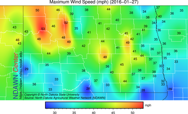 Maximum Wind Gust at NDAWN (North Dakota Agricultural Weather Network) mesonet stations on January 27, 2016