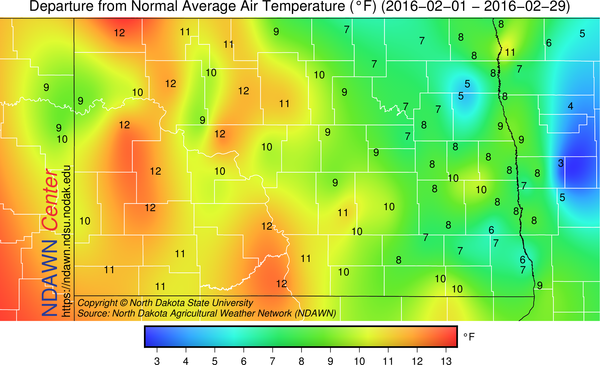 Departure from Average Temperature in February 2016 for North Dakota