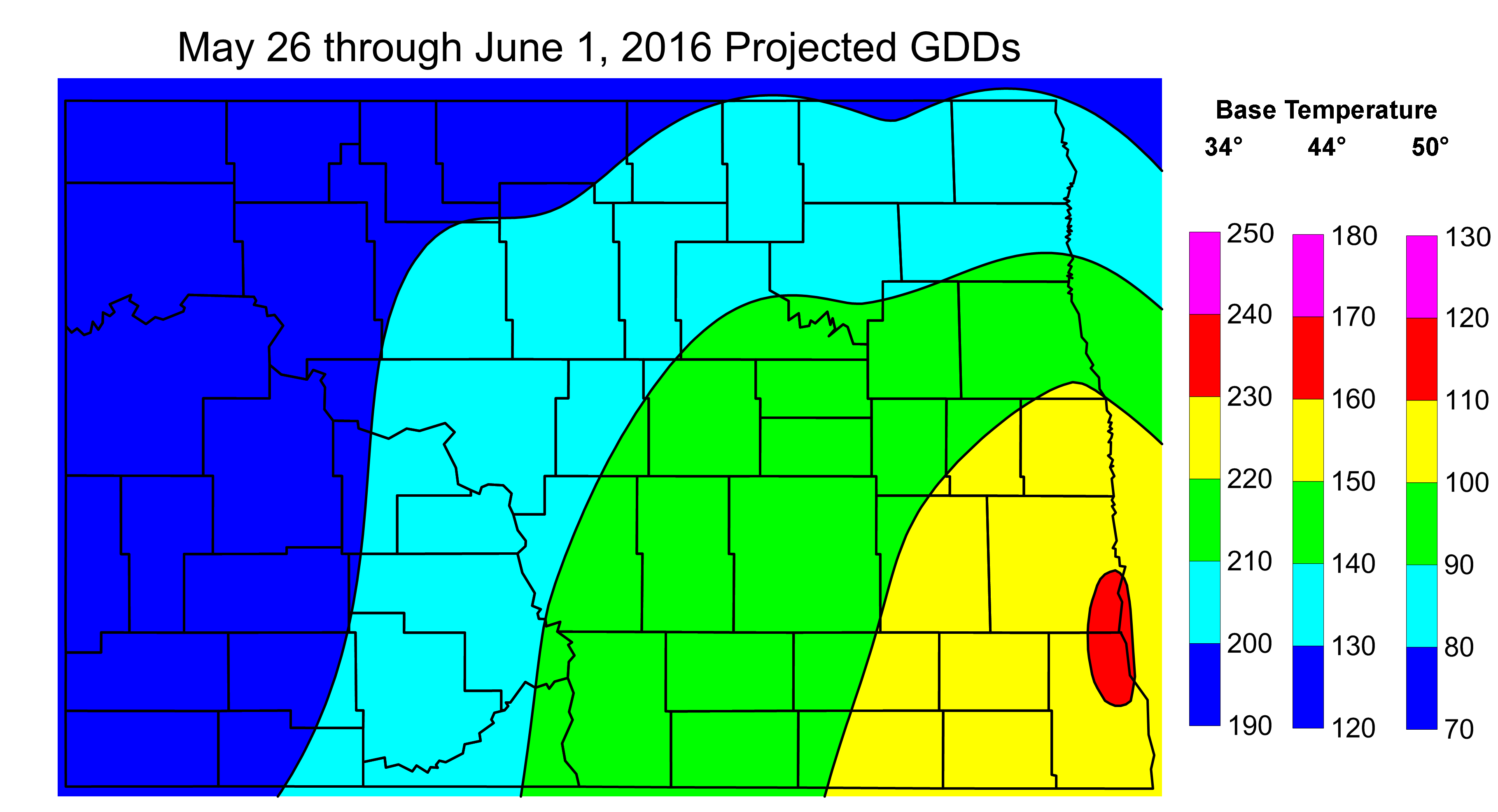 Figure 2. Projected Growing Degree Days from May 26 through June 1, 2016