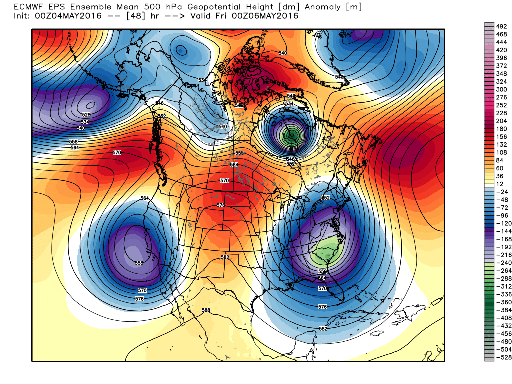 Figure 1. 500 mb Heights/Anomalies for North America at 7:00 PM Thursday, May 5, 2016