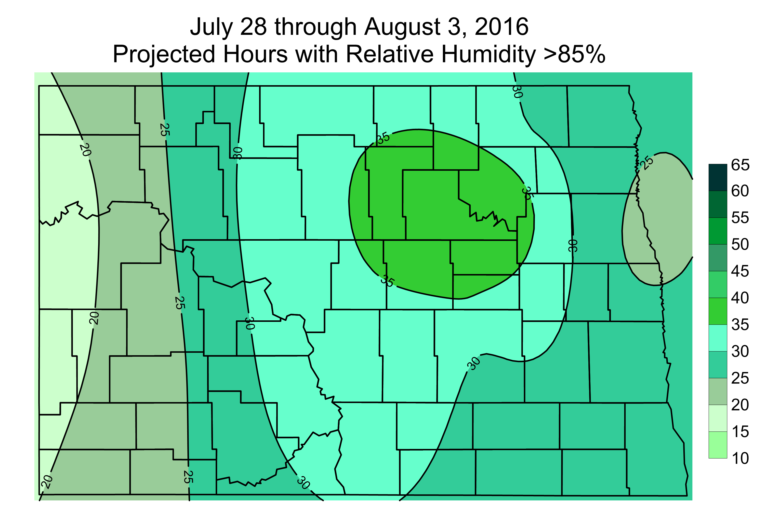 Projected Hours with Relative Humidity above 85% from July 28 through August 3, 2016