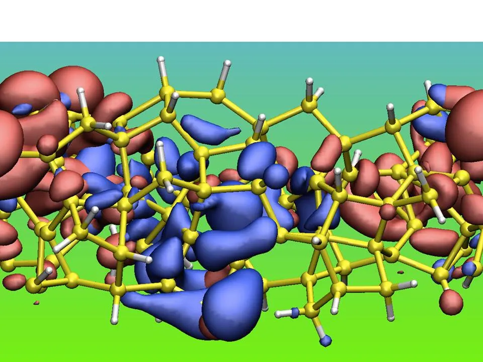 3D molecular structure visualization showing interconnected atoms in yellow with blue and red electron density regions surrounding the framework against a green background.