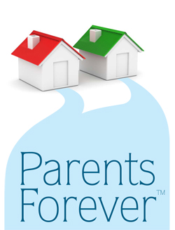 Program logo with two houses side by side with one merging walkway that says Parents Forever