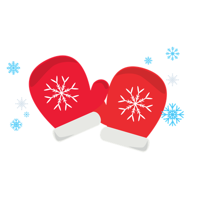 Red winter mittens with white snowflakes on them surrounded by blue snow flakes