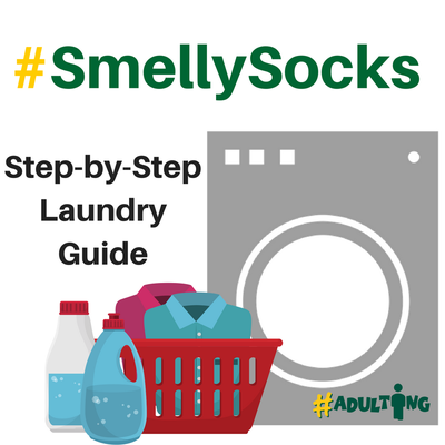 Laundry basket with dirty clothes in it next to a washer with detergent and #smellysocks