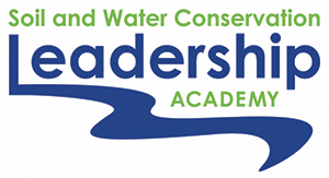 A text logo reading Soil and Water Conservation Leadership Academy. A blue design resembling a river is below text.