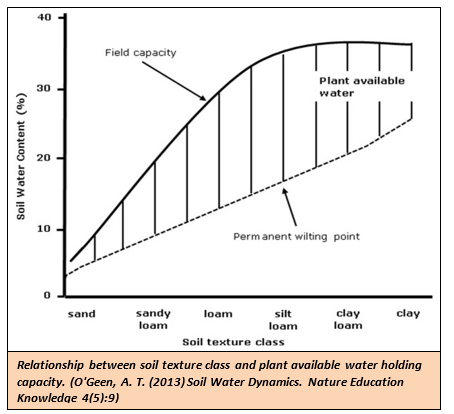 Relationship between soil texture class and plant available water holding capacity