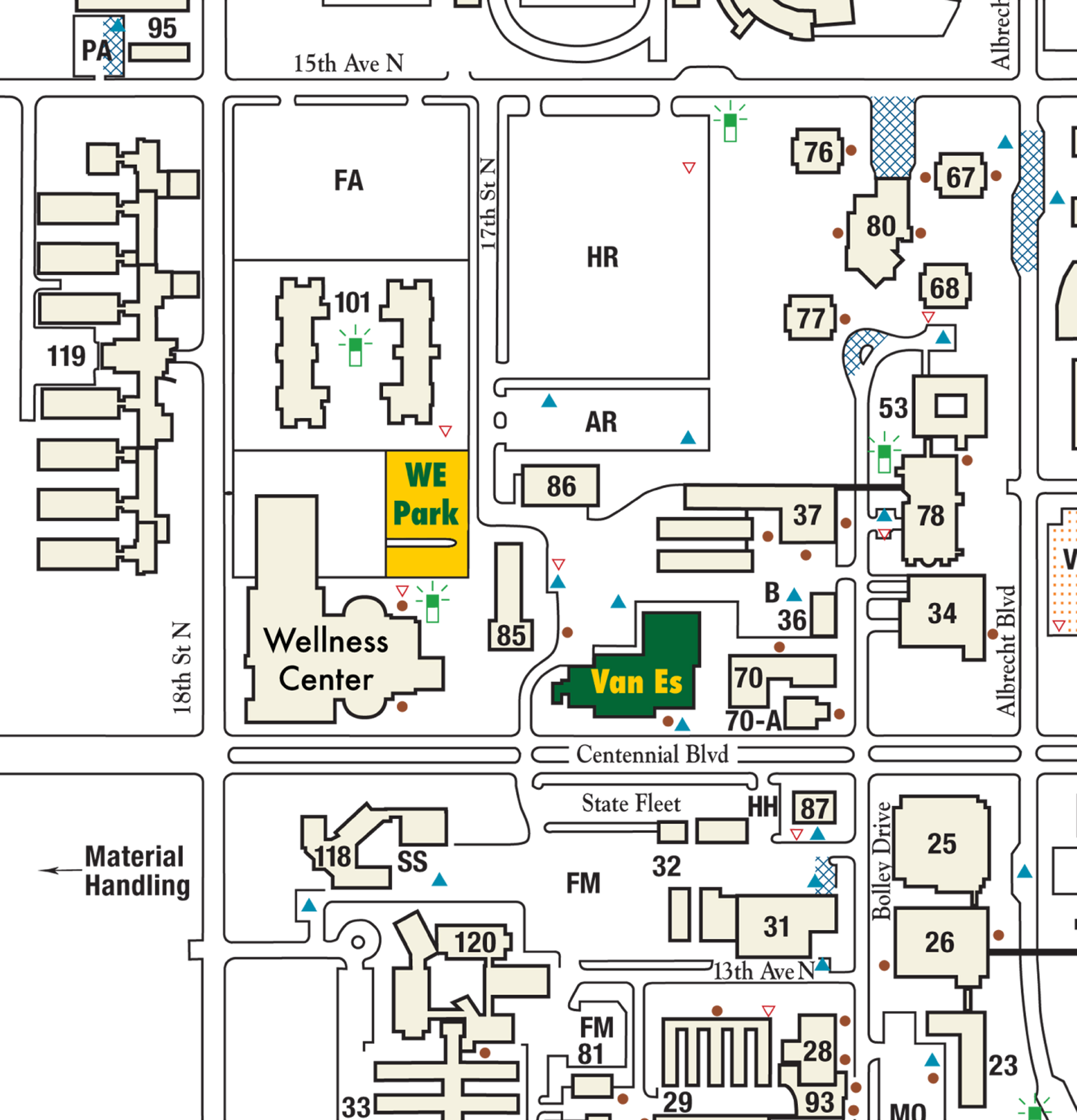 This is a map image of the location of Van Es on campus.  Van Es Hall, 1523 Centennial Blvd., Fargo, ND 58102
