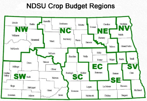 A map of North Dakota showing the regions used for preparing projected crop budgets.
