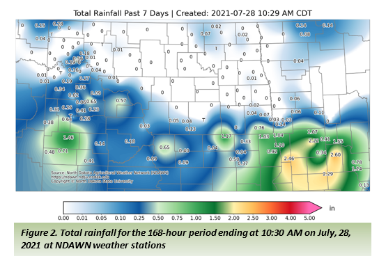 Figure 2. Total rainfall for the 168-hour period ending at 10 and 30 AM on July, 28, 2021 at NDAWN weather stations.png