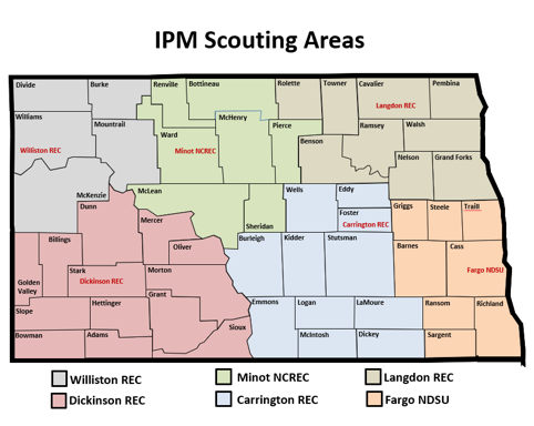Map of North Dakota showing the IPM scouting areas. 