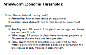 Armyworm Economic Thresholds: Small Grains, wheat, barley, oats stages listed and percentages. 