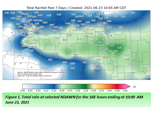 Map showing total rain at selected NDAWN for the 168 hours ending at 10:00 a.m. June 23, 2021