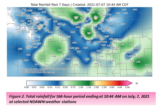 Figure 2. Total rainfall for 168-hour period ending at 10:44 AM on July, 7, 2021 at selected NDAWN weather stations