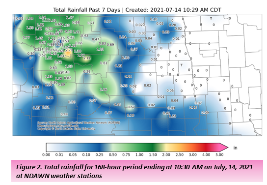 Figure 2. Total rainfall for 168-hour period ending at 10:30 AM on July, 14, 2021 at NDAWN weather stations