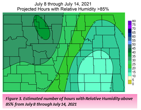 Figure 3. Estimated number of hours with Relative Humidity above 85% from July 8 through July 14, 2021