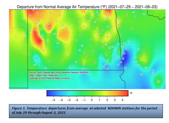 Figure 1. Temperature departures from average at selected NDAWN stations for the period of July 29 through August 3, 2021.png