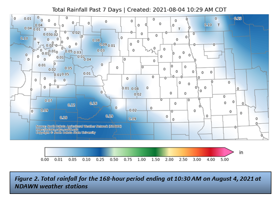 Figure 2. Total rainfall for the 168-hour period ending at 10 30 AM on August 4, 2021 at NDAWN weather stations.png