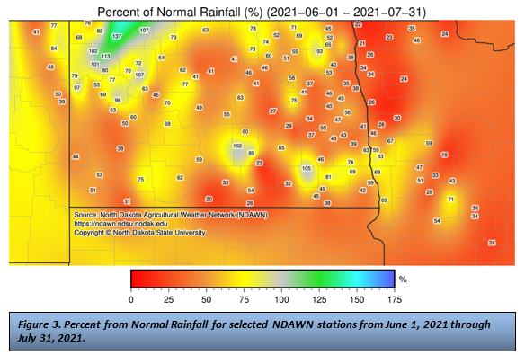 Figure 3. Percent from Normal Rainfall for selected NDAWN stations from June 1, 2021 through July 31, 2021..png
