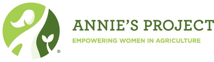 A green logo of a woman and seedling silhoutte reads" Annie's Project Empowering Women in Agriculture"