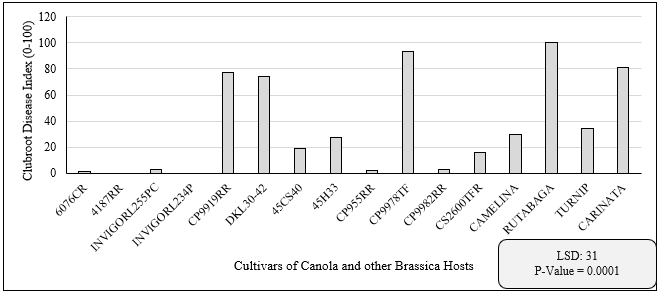 Mean clubroot disease index (%) recorded on various commercial cultivars of canola, camelina, rutabaga, turnip and carinata tested in 2020.
