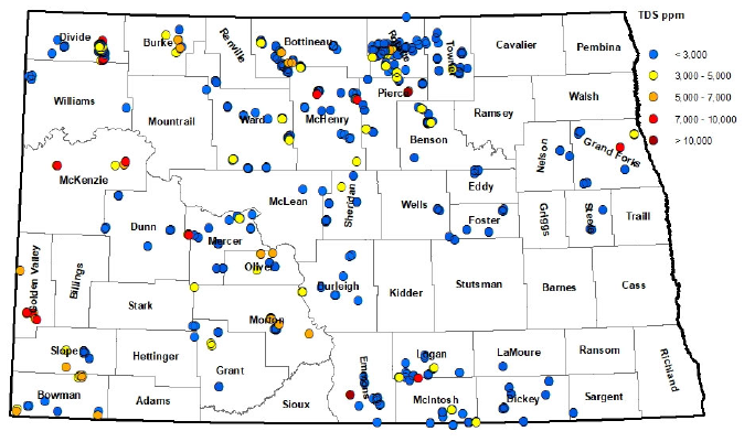 A map of North Dakota showing the total dissolved solids of water source screened in 2021.