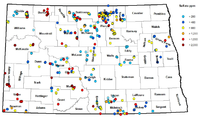 A map of North Dakota showing sulfates in ppm of water sources screened in 2021.