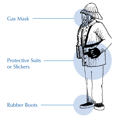 A person wearing a gas mask, a protective slicker, and rubber boots.