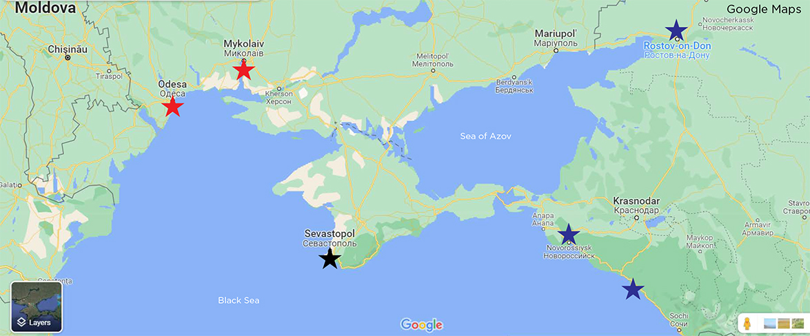 Map of Major grain export locations in Ukraine and Russia.
