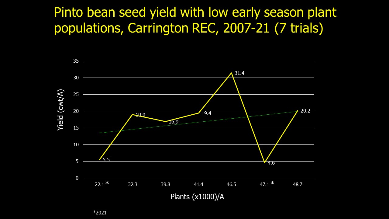 Pinto bean seed yield with low early season plant populations at Carrington REC 2007-2021