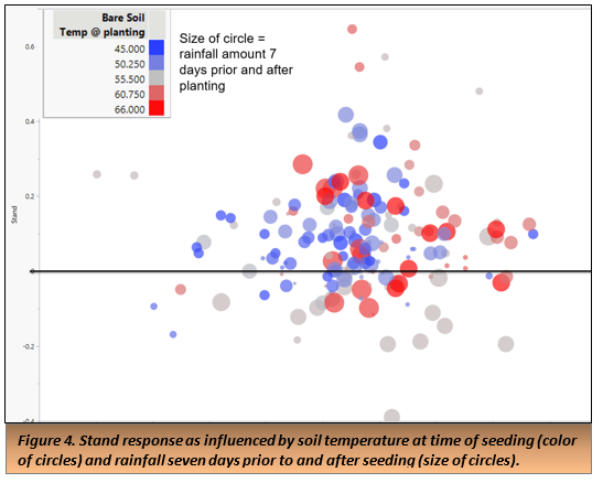 Figure 4. Stand response as influenced by soil temperature at time of seeding (color of circles) and rainfall seven days prior to and after seeding (size of circles).