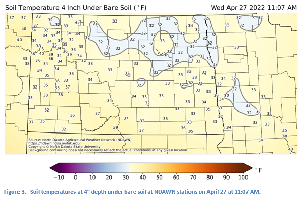 Figure 3.   Soil temperatures at 4” depth under bare soil at NDAWN stations on April 27 at 11:07 AM.