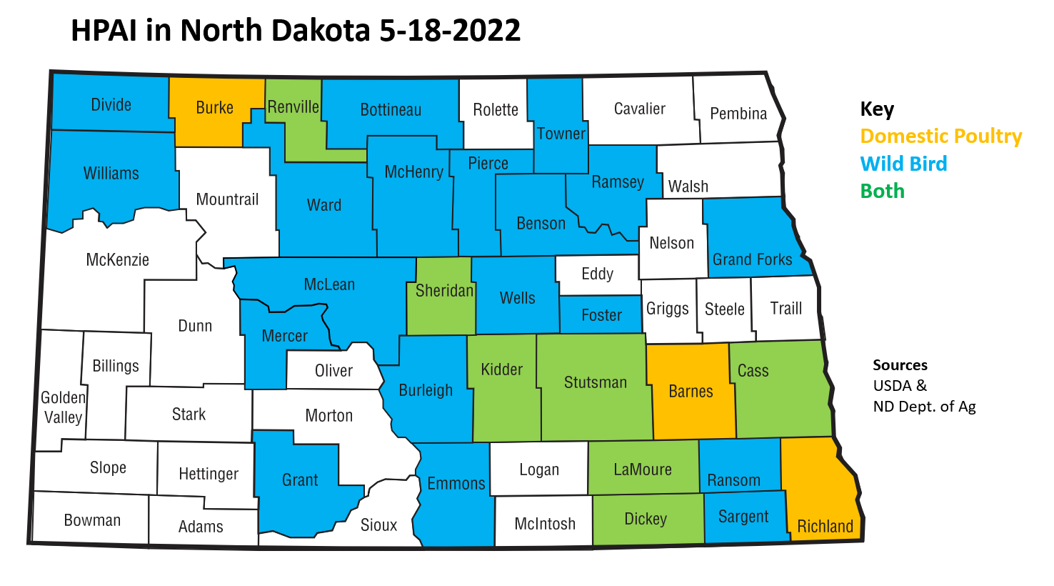 Map of ND Counties with HPAI as of 5-18-22; see caption for details