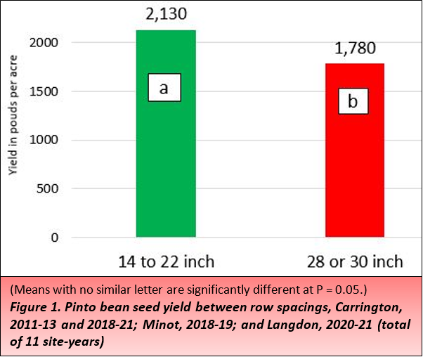 Figure 1. Pinto bean seed yield between row spacings, Carrington, 2011-13 and 2018-21; Minot, 2018-19; and Langdon, 2020-21 (total of 11 site-years)