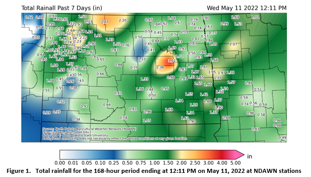 Figure 1.   Total rainfall for the 168-hour period ending at 12:11 PM on May 11, 2022 at NDAWN stations