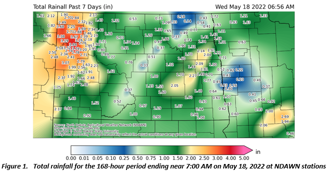Figure 1.   Total rainfall for the 168-hour period ending near 7:00 AM on May 18, 2022 at NDAWN stations