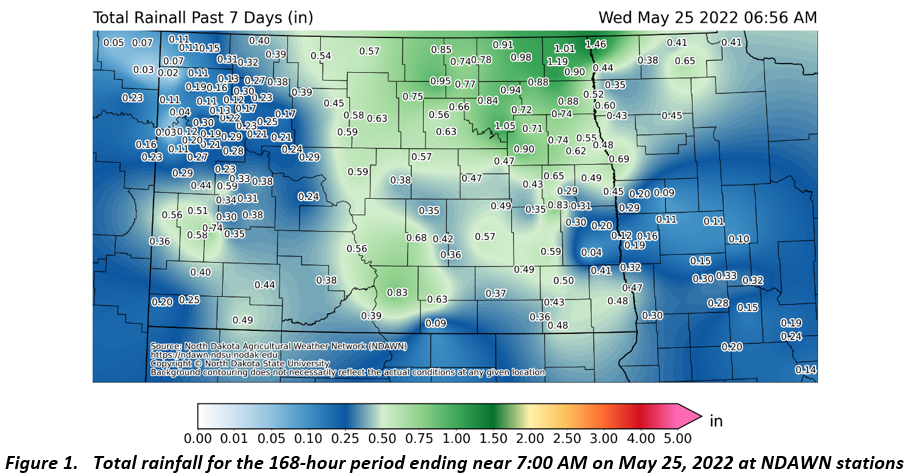 Figure 1. Total rainfall for the 168-hour period ending near 7:00 AM on May 25, 2022 at NDAWN stations