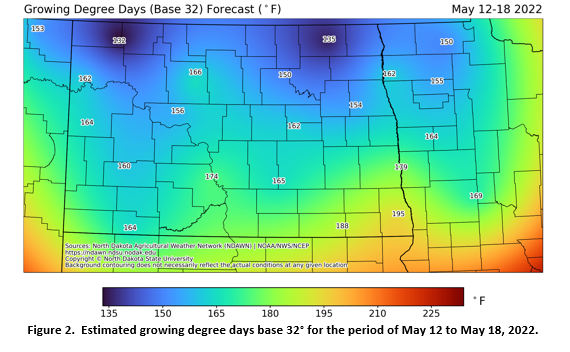 Figure 2.  Estimated growing degree days base 32° for the period of May 12 to May 18, 2022.