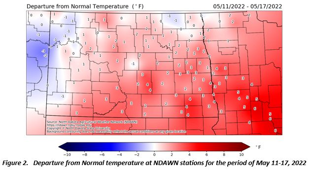 Figure 2.   Departure from Normal temperature at NDAWN stations for the period of May 11-17, 2022