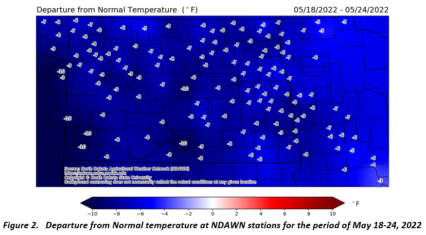 Figure 2. Departure from Normal temperature at NDAWN stations for the period of May 18-24, 2022